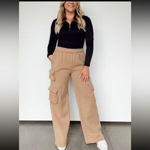 Bailey Rose Cargo Sweats Womens Size Large Tan High Waisted Wide Leg